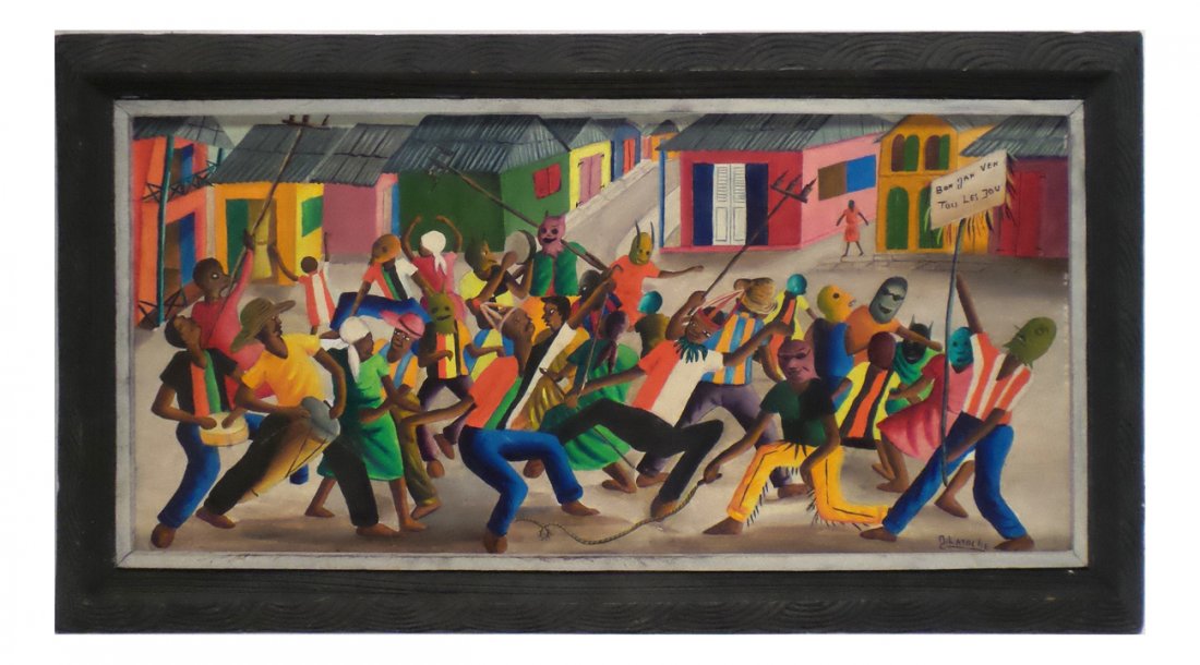 B. Layoche, "Carnival" - Oil on Masonite: "Carnival". Oil on masonite depicting a brightly colored group of people with masks. Signed "B. Layoche" lower right. [Art: 26 3/8" W x 13" H; Frame: 30 1/2" x 17 1/4"]. Minor surface abrasions.
