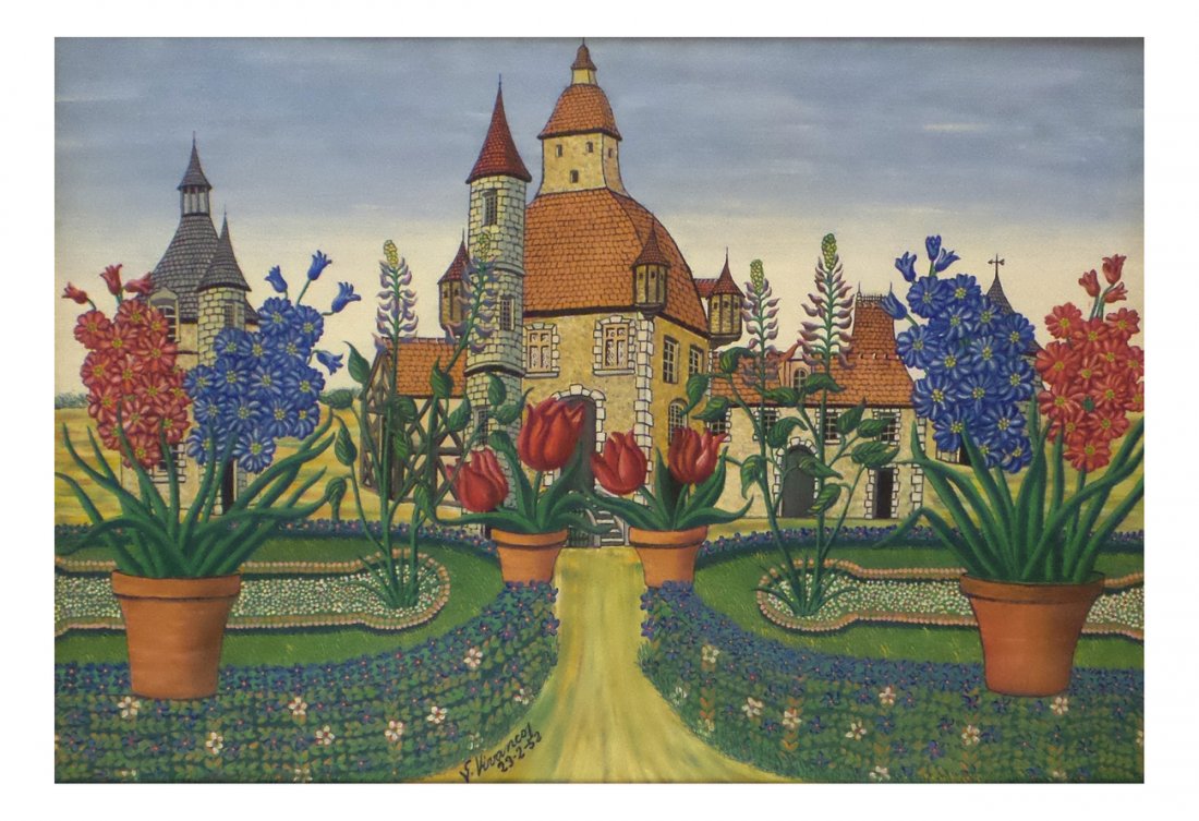 Goerge Vivancos, "Paysage Aux Fleurs": Oil on canvas, "Paysage aux Fleurs". Label on verso. Collection of Henry R. Luce. [Art: 18 1/8" x 25 1/2"; Frame: 23 1/8" x 30 3/4"]. Good condition.