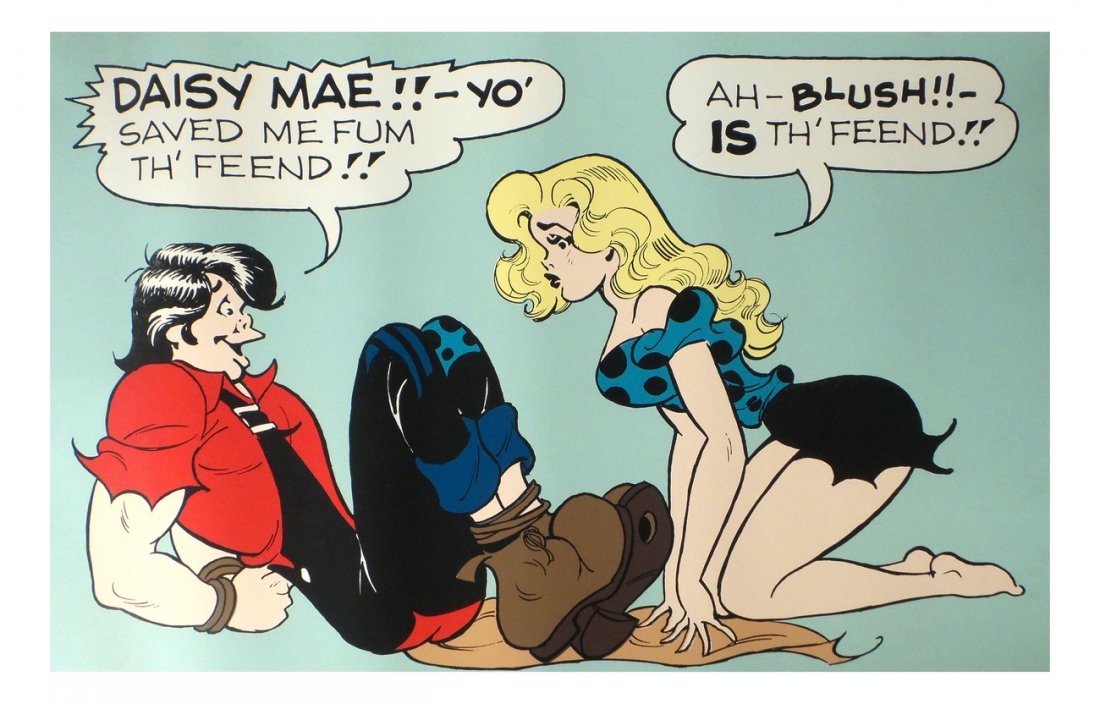 Al Capp "Lil Abner & Daisy Mae Serigraph: Al Capp, American cartoonist (1909-1979), "Lil Abner and Daisy Mae" signed in pencil lower right: "Al Capp." [Sheet size: 31 1/2" H x 44" W]. 2" tear in margin, left middle smudges and surface soil. B