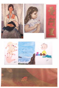 Six Assorted Works of Art: Comprises: 1.) Jyoti Bhatt, 1965 signed artist's proof "The Foot Print". Linocut. 2.) Etching, "The Wind of Autumn". Signed illiegibly, 1/50. 3.) Mary Moore, 1960 signed watercolor "Girl". 4.) Child's
