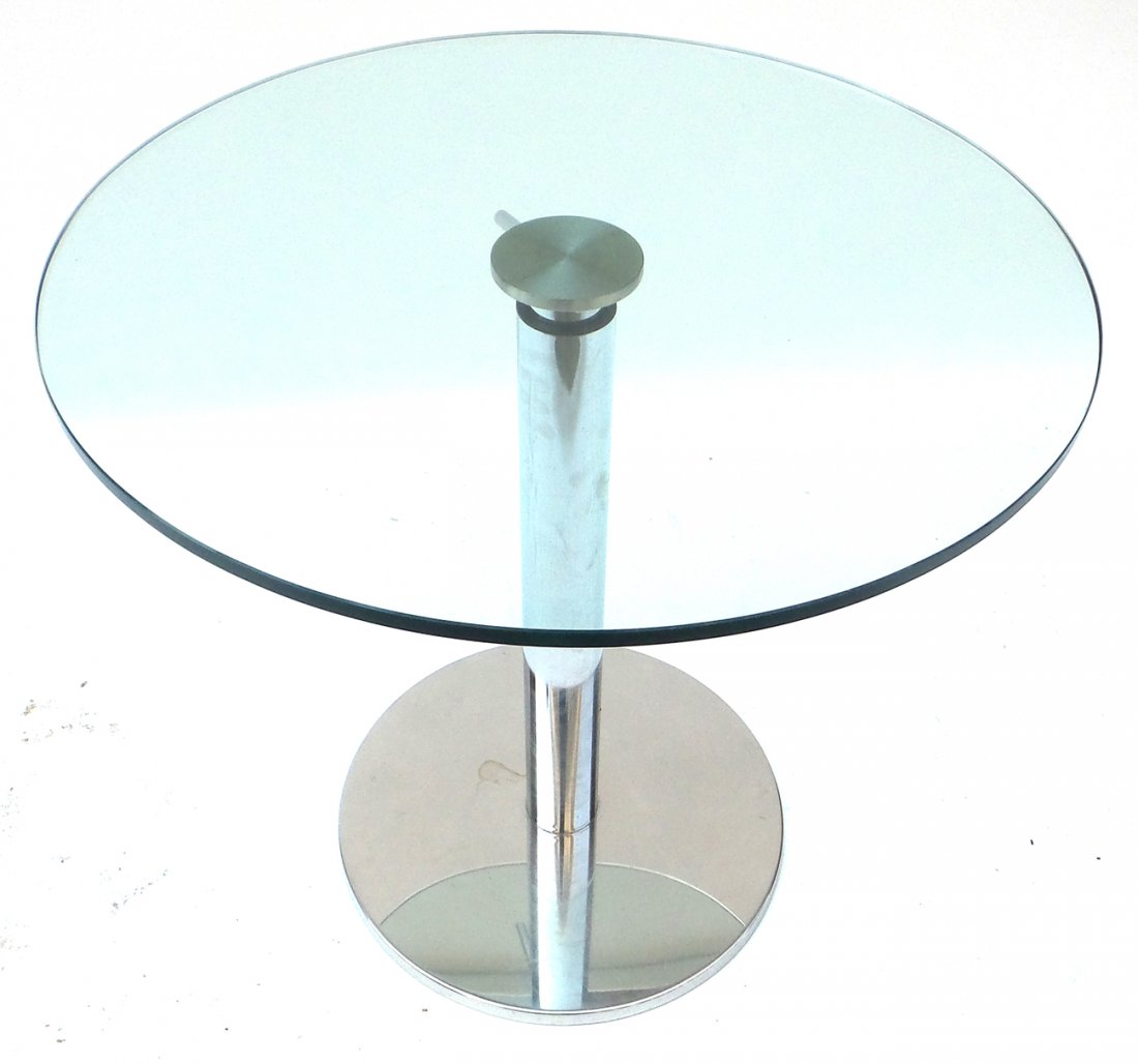 Modern Glass Top Chrome Table: Round cocktail table with adjustable height. [31 1/2" Dia x 29 1/2" H]. Light surface wear.