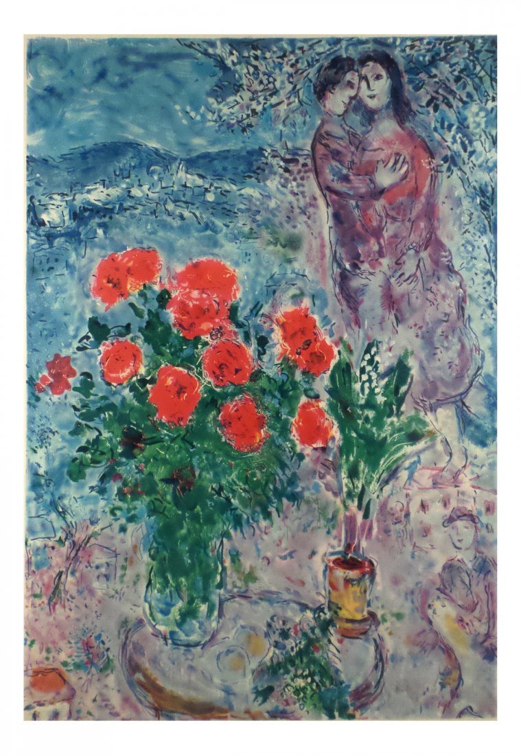 After Marc Chagall, Lithograph: Inscribed "E.A." bottom left with printed signature bottom right. Framed under glass. [Sight: 32" H x 22" W; Frame: 39 1/2" H x 29 1/2" W]. Toning.