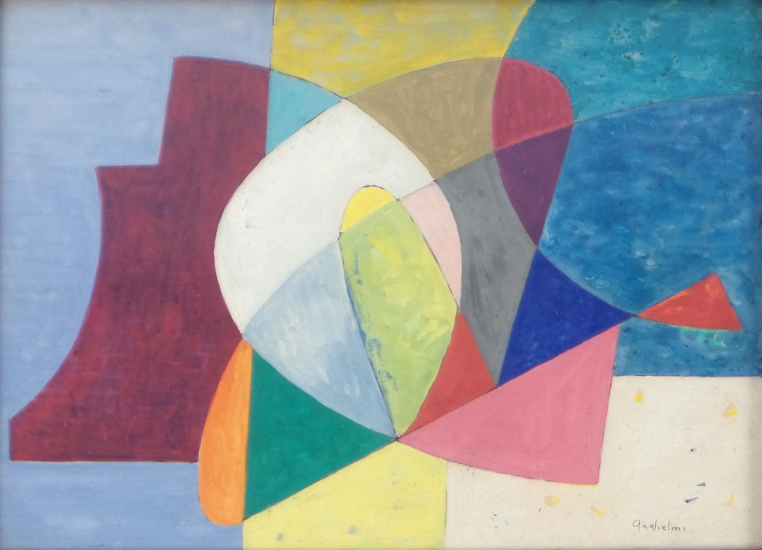 O Louis Guglielmi - Mid Century Abstract: Tempera on card geometric abstract, signed bottom right, stamped and dated "July 20th 1949" on back paper. [Sight: 5 3/4" H x 7 1/2" W; Frame: 9 3/4" H x 11 1/2" W]. Light surface grime, not inspected