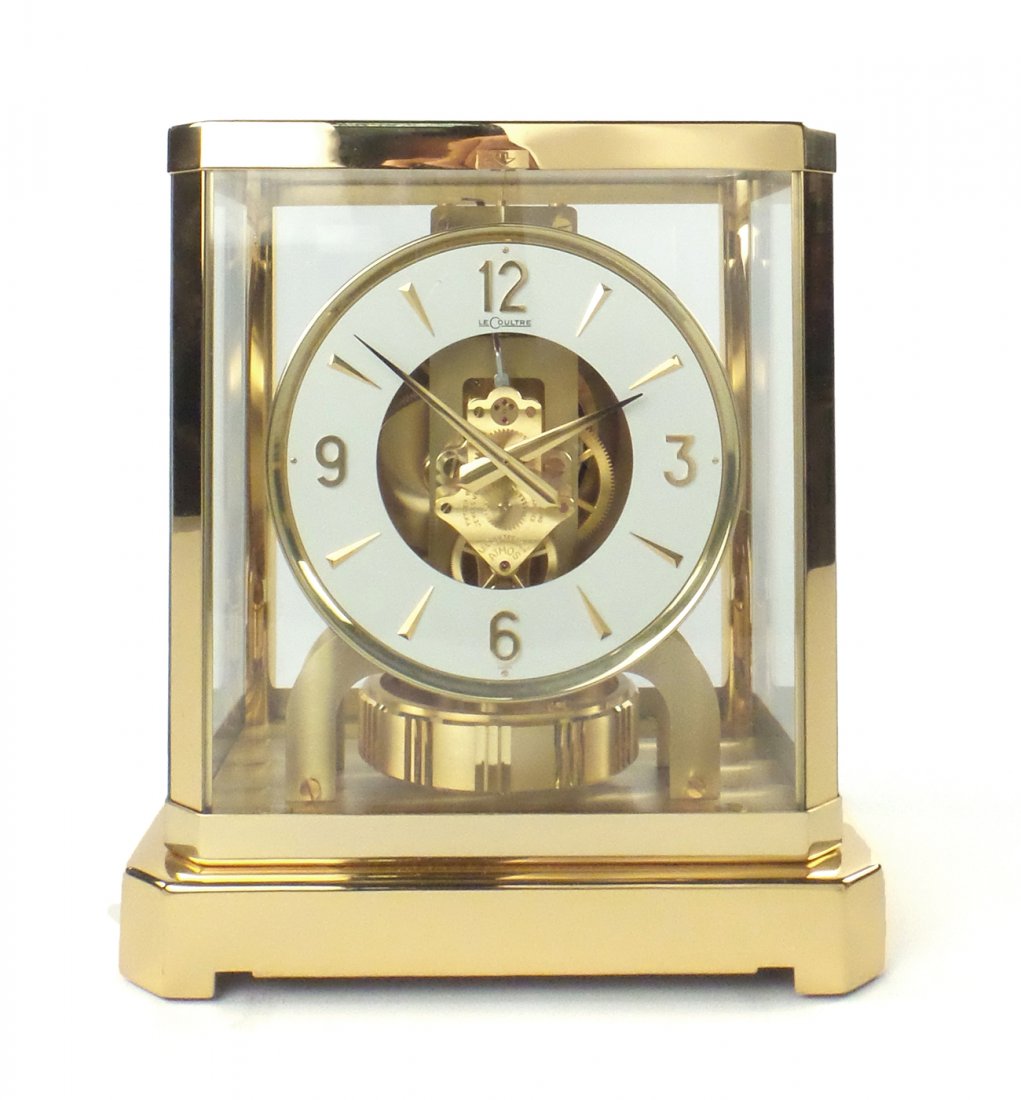 Jaeger LeCoultre Atmos Clock: Modern Perpeturelle Atmos clock. Purchased September 2003 from Tourneau, model 264184. Accompanied by original box. [8 1/4" x 6 1/4" x 9 1/2" H]. In good condition. Box "as is".