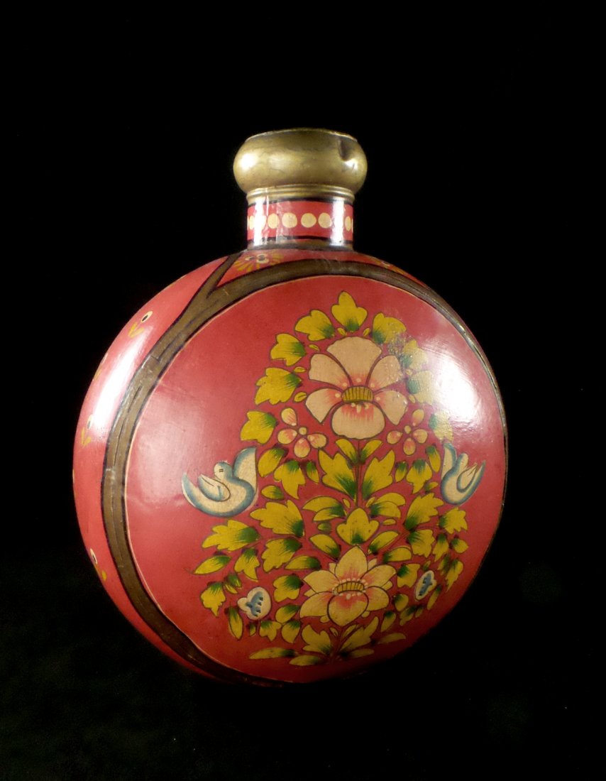 Tole Oversize Snuff Bottle: Large ornamental painted snuff bottle. [14" W x 9 1/2" D x 17" H]. Dent near top and light surface wear throughout.