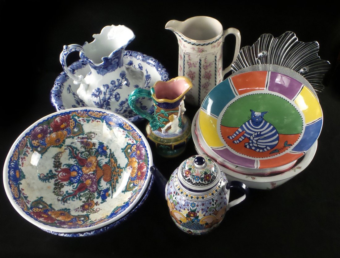 Asst. Pitchers, Wash Basins, Bowls: Comprises: Doulton Burslem "Buttercup" pitcher and basin, Seymoor Mann majolica Renaissance Revival-style pitcher, Greek teapot and basin, and five other large bowls. [Bowls and basins from 13 3/8" Di