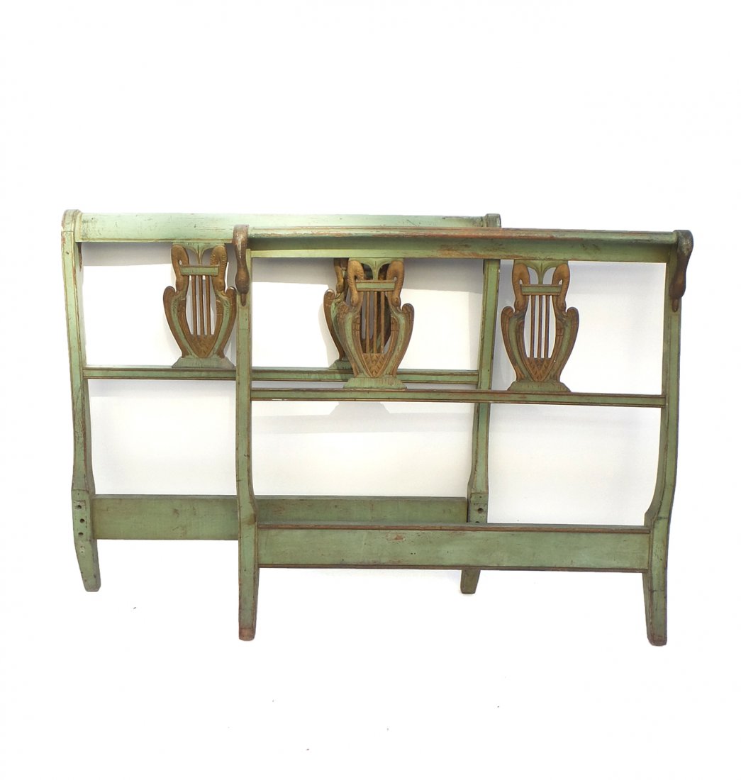 Directoire-Style Green Painted Bedstead: Directoire-style bedstead with carved swans and lyre decor. [39" W x 74" L x 37" H]. Worn, scuffed.