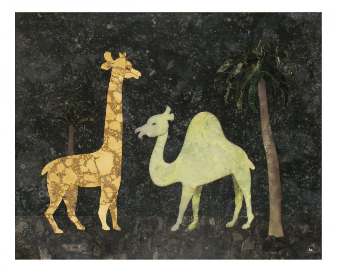 Richard Blow, Pietra Dura Plaque: Pietra dura plaque "Camel & Giraffe" signed with maker's cypher lower right, located and dated verso "Richard Blow/Montici '65". [Sight: 9" x 11"; Frame: 14" x 16 1/4"]. In good condition, with minor