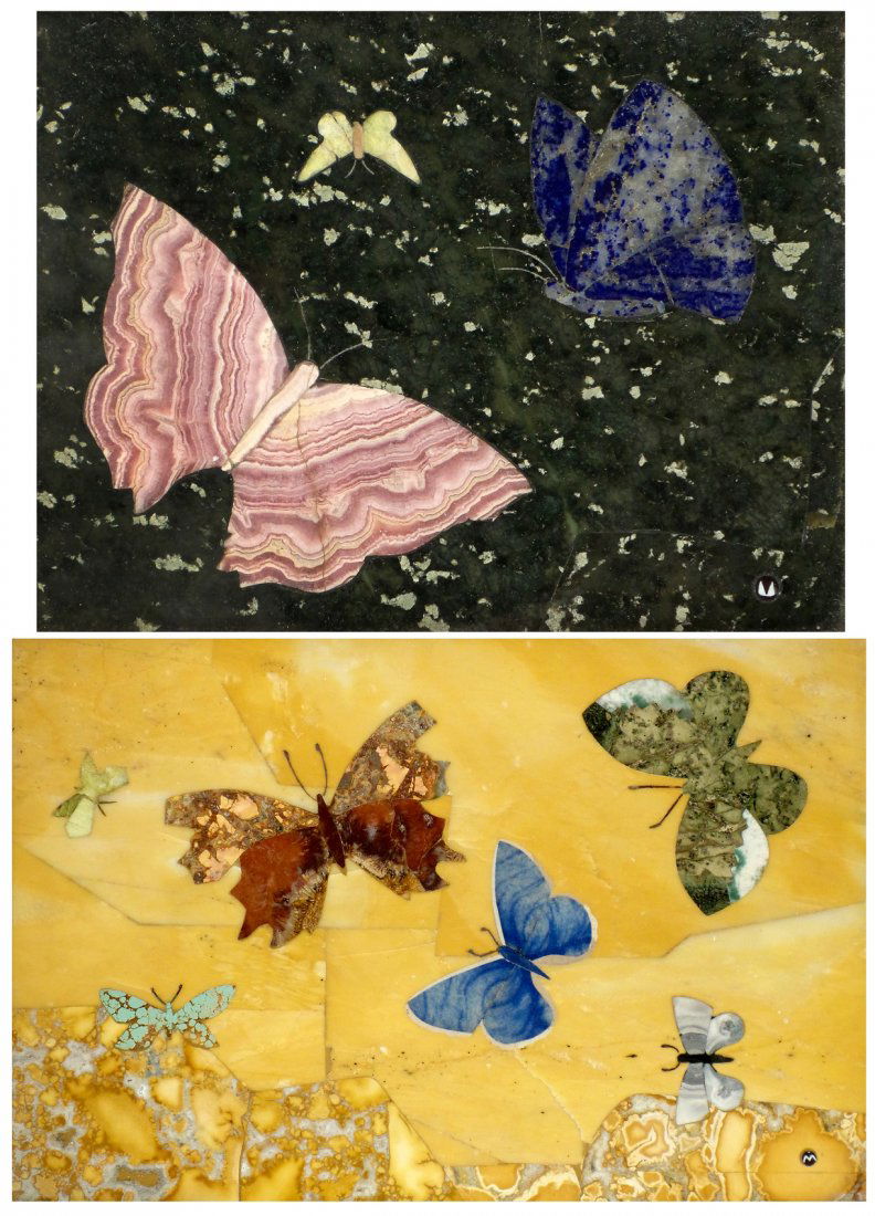 Richard Blow, Two Pietra Dura Plaques: Two pietra dura plaques "Butterflies", both with artist's cypher lower right; the larger signed, located and dated verso "Richard Blow/Montici '71". [Sight: 6" x 9 1/2" and 4 x 5 1/4"; Frames: 8 1/4"