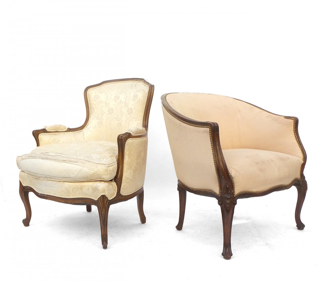 Two Bergères: Two bergères. [29" W x 28" D x 32" and 29" W x 28" D x 35"]. Both sold "as is".