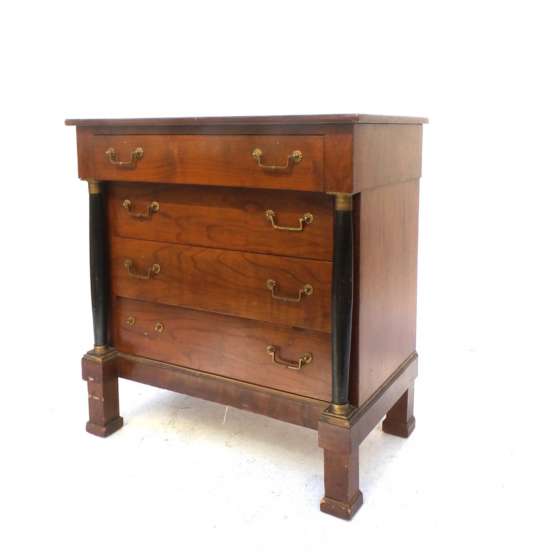 Neoclassical-Style Commode: Neoclassical-style commode. [29 1/2" W x 17" D x 31" H]. Many scratches to top, pitting, metal border damaged at feet, left side.