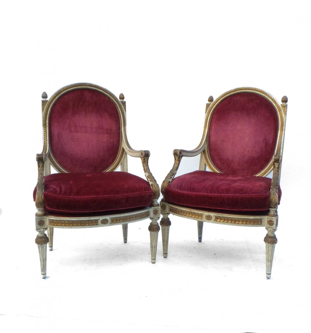 Pair of Late 19th C. French Louis XVI-Style Fauteuils (1 of 4)