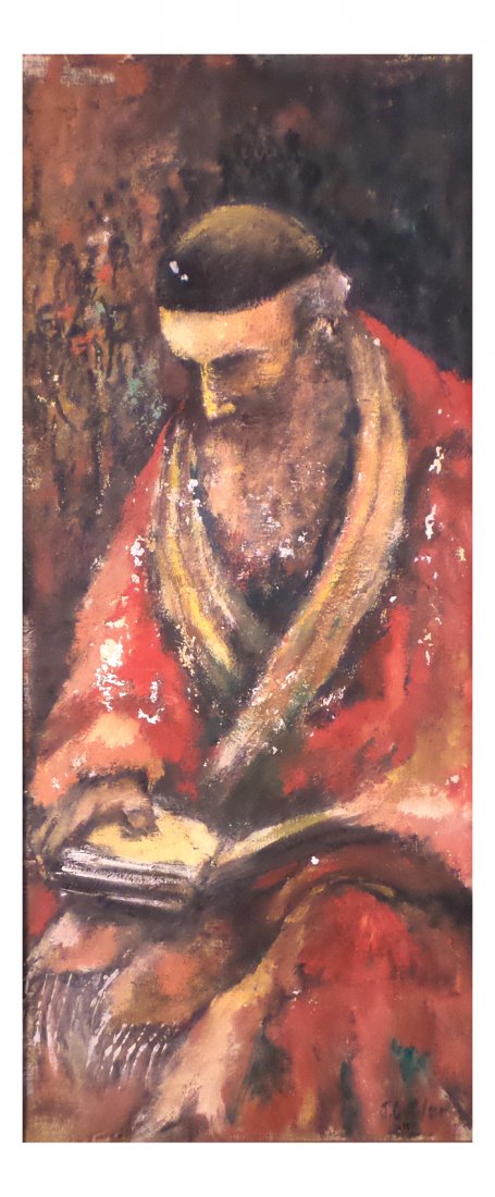 J. Cutler "Rabbi" Oil on Canvas Board: J. Cutler, "Rabbi," signed lower right. Lido Galleries label on verso. [Art: 29 3/4" H x 13" W; Frame: 33 1/2" H x 16 1/2" W]. Flaking and losses to paint throughout.