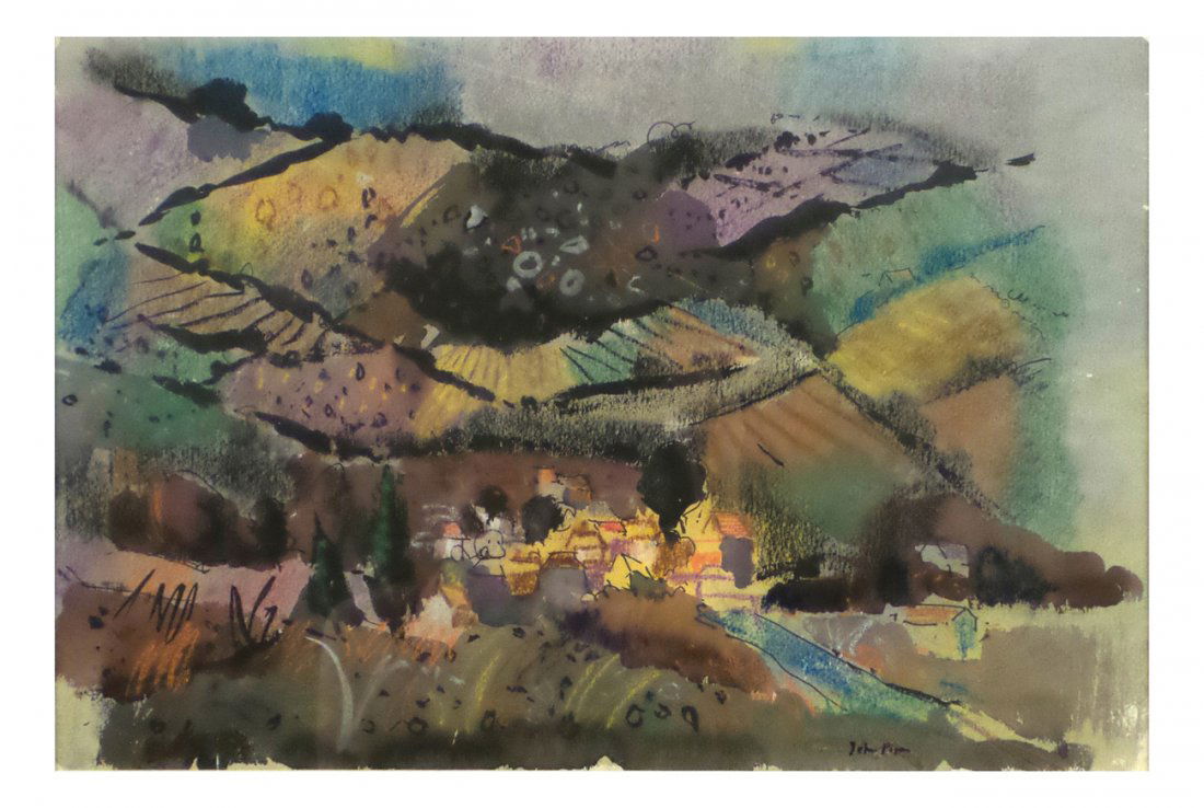 After John Piper, Abstract Landscape: John Piper watercolor, pastel and ink abstract landscape. Signed lower right. [Art: 14 1/2" H x 21 1/2" W; Frame: 23 1/2" H x 30" W]. In good condition, framed and matted under glass. Not examined out