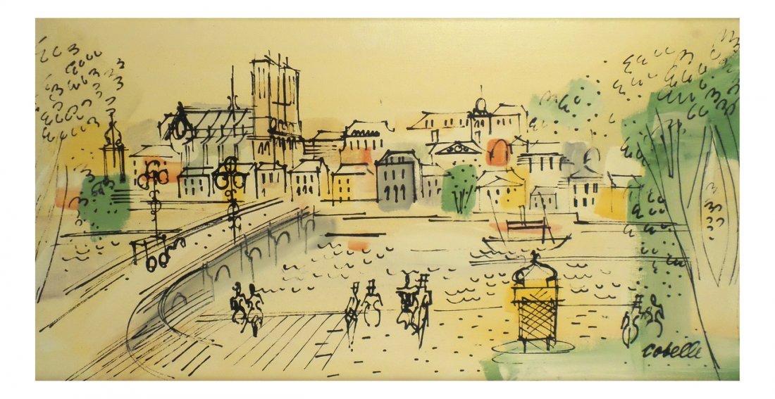 Cobelle, Paris Street Scene: Oil on canvas depicting a Paris street scene. [Art: 16" x 29"; Frame: 17 1/2" x 31 1/2"].