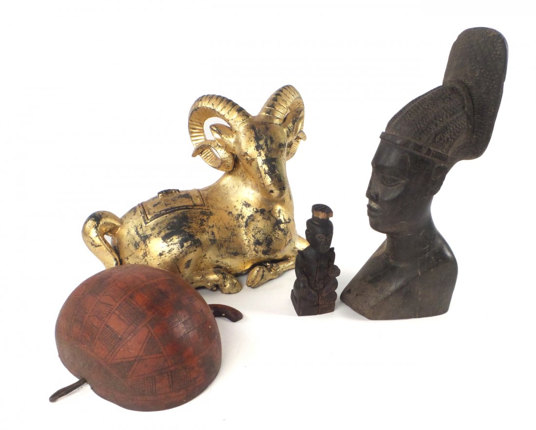 Four Decorative Objects: Group of four decorative objects comprising: 1.) Wooden African head carving. [13 3/4" H]. 2.) Small wood figure. [5 3/4" H]. 3.) Gilt ram box. [13" W x 10 1/2" H]. 4.) Decorative gourd (cracked). Ove