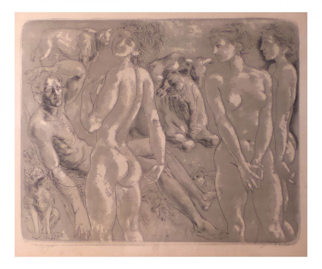 Hans Erni Nude Figures & Bulls Litho: Hans Erni (1909-2015) "Nude Figures & Bulls" signed and numbered 16/100 lithograph. [Image sight: 18 1/2" H x 23" W; Framed and matted under glass: 29" H x 33" W]. Stains in bottom margin.