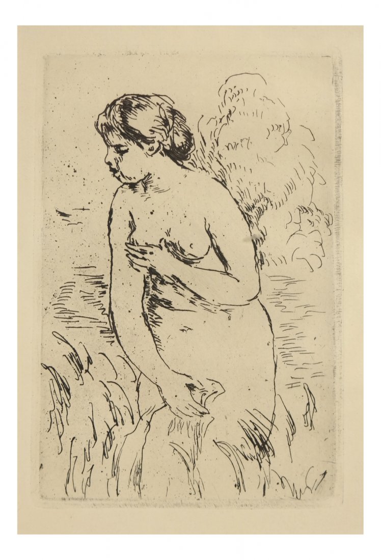 Pierre A. Renoir, Drypoint - Nude: Drypoint etching on laid paper by Pierre Auguste Renoir (French, 1841-1919), Baigneuse debout, a mi Jambes, 1910. [9 1/2" x 6 1/4"].