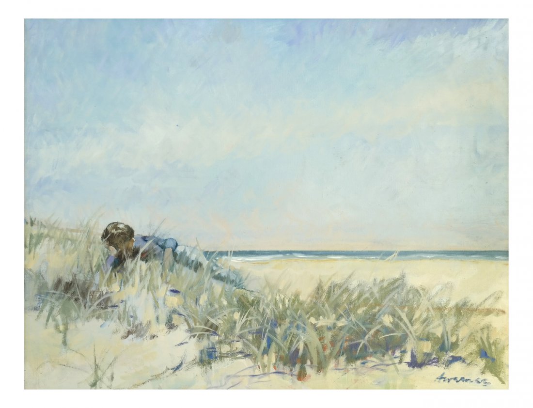 O/C - Boy on the Dunes: Continental school (20th century) oil on canvas, boy on sand dunes. Signed illegibly lower right. [23" x 30"].