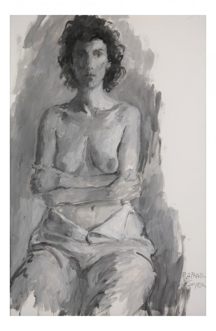 Raphael Soyer, Oil on Paper, Female Nude: Raphael Soyer (American, 1899-1987), oil on paper, seated nude. Signed lower right: Raphael Soyer." [23 1/2" x 16"].