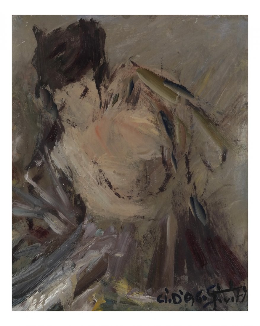 Linda Stojak, Woman Dancing: Framed oil on canvas depicting a woman dancing. [Art: 20" x 16 1/2"]. Matte bears water damage, in overall fair condition.