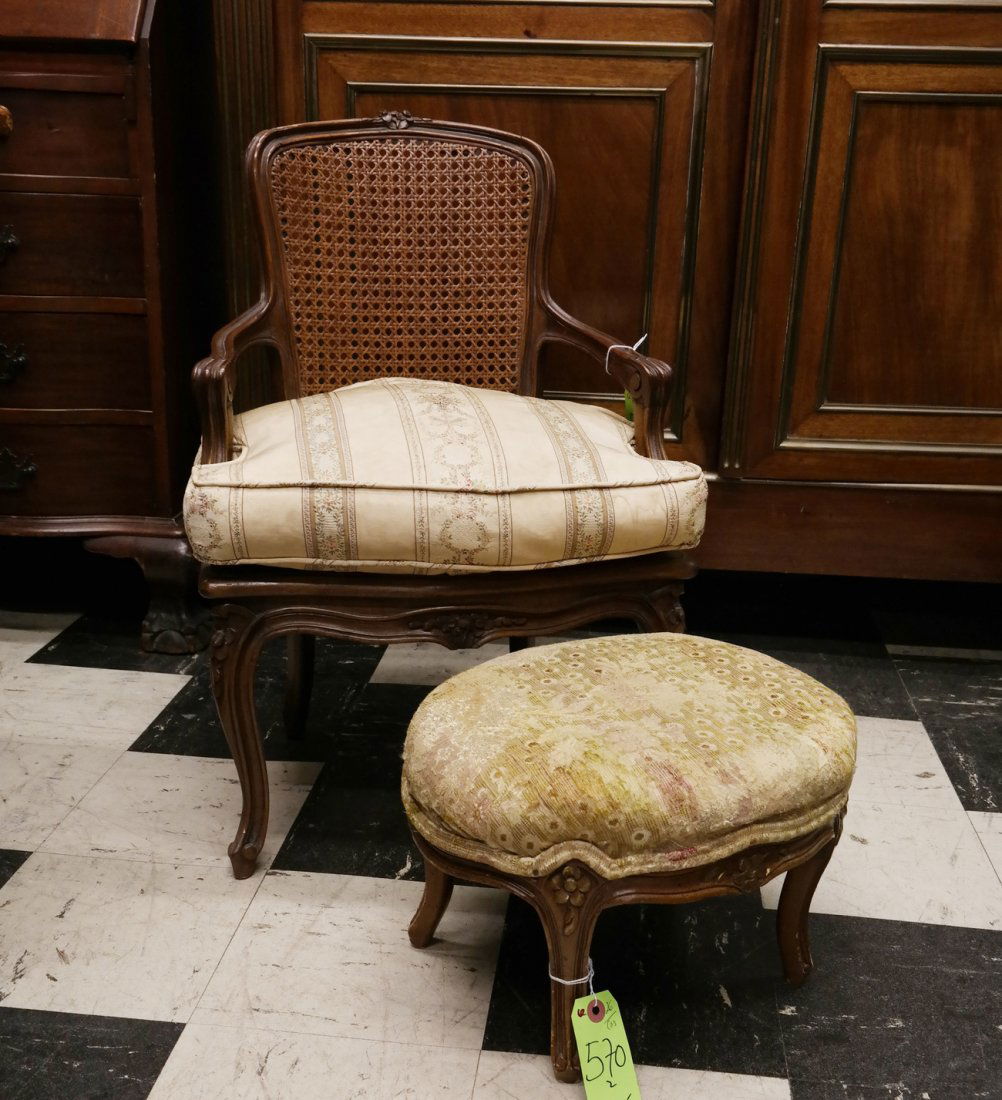 Child's Caned Chair, and a Bench: Louis XV-style caned child's armchair. Accompanied by an upholstered bench. [17 1/2" W x 15" D x 26 1/2" H; 15" H to seat].