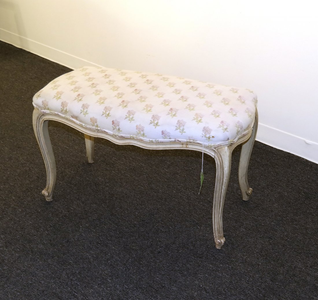 Louis XV-Style Bergère and Bench: Louis XV-style bergère and bench. [Bench: 32" x 16" x 18" H; bergère: 27 1/2" W x 20" D x 32" H; 16" H to seat]. In overall good condition.