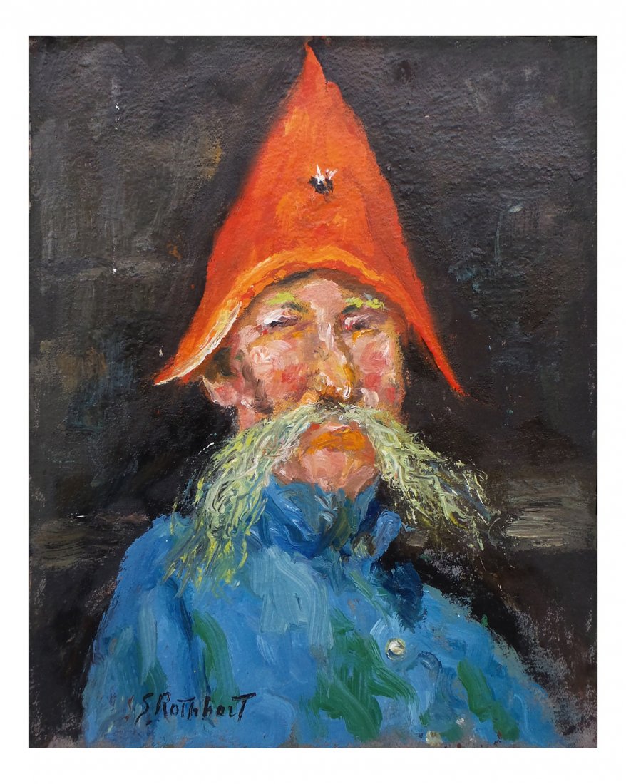 Samuel Rothbort, Self Portrait: Samuel Rothbort, oil on canvas mounted on wood panel self portrait of the artist wearing a red pointed hat. Bears Morgan Rank Gallery label. [Art: 17" H x 14" W; Frame: 19 1/4" x 15 1/2"]. In good con