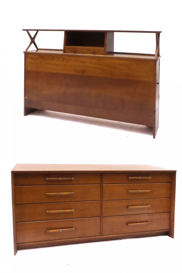 Headboard with Sideboard: Maple headboard with sideboard. [Headboard: 58 1/2" W x 10" D x 38 1/2" H; Sideboard: 62" W x 20" D x 31" H]. In good condition.