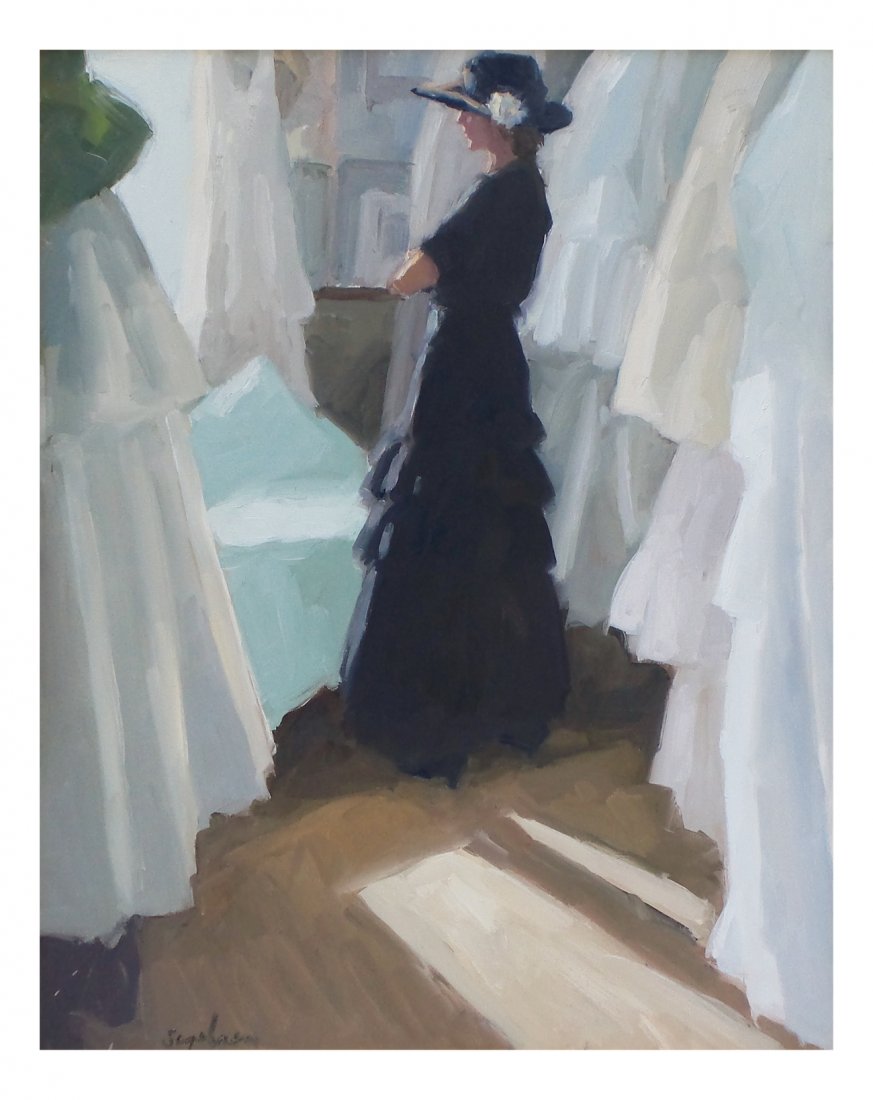 R. Segalman, "Miss Eastwick in Black": Richard Segalman, "Miss Eastwick in Black." Oil on canvas, 2004. [Art: 40" x 32"; Frame: 42 1/4" x 34 1/4"]. Good condition.