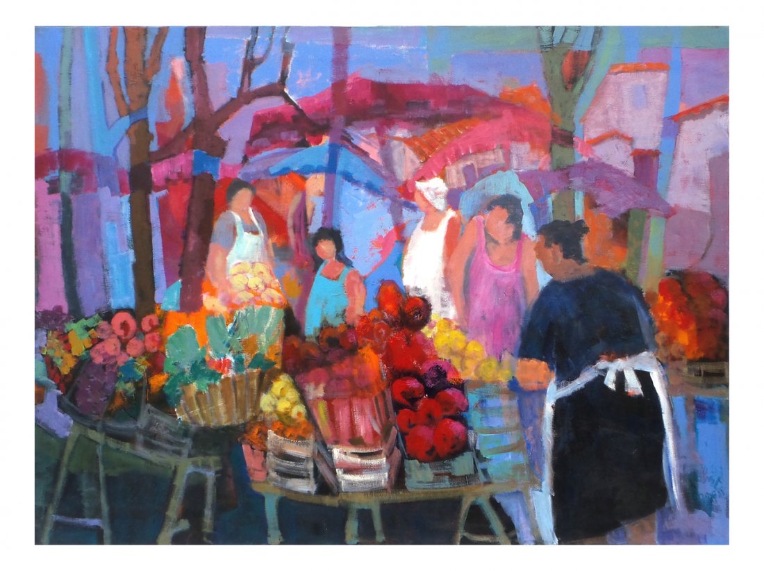 Robert Dago, "Marche du Midi": Robert Dago oil on canvas "Marche du Midi", 88. Signed lower right. Accompanied by book. [Art: 38 1/4" H x 51 1/4" W: Frame: 39" x 52 1/4" W]. In good condition.