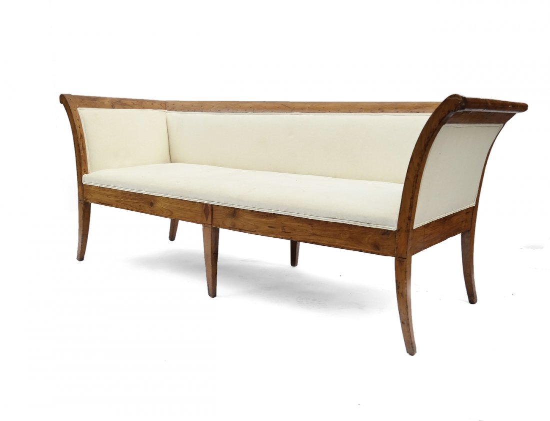 Inlay Pine Settee, Upholstered: Inlay (diamond pattern) pine settee with tapered legs. Upholstered. [73 1/4" W x 27" D x 31 1/2" H]. Overall good condition, upholstery soiled.