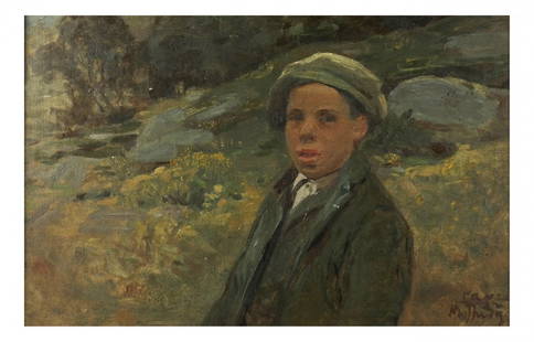 Max Thedy, Portrait - Oil on Canvas: Framed portrait of a man in a landscape setting. [Art: 7" x 11"; Frame: 10" x 13 3/4"]. Minor abrasions, otherwise in overall good condition.