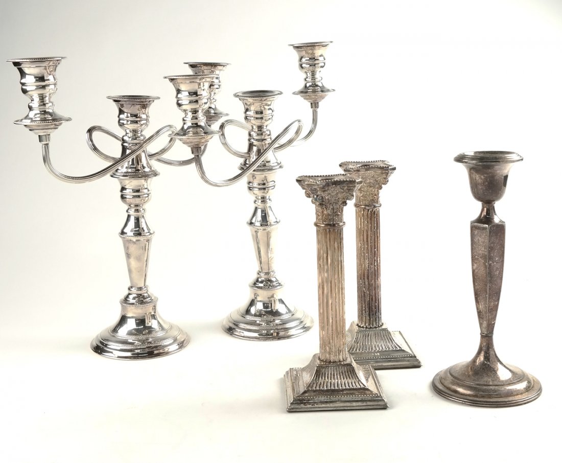 Five Candelabra and Candlesticks: Group of five silver plate items comprising: pair of three-light candelabra converted to candlesticks [12 7/8" H]; pair of neoclassical column candlesticks [8 3/4" H]; single candlestick [8 3/4" H]. G
