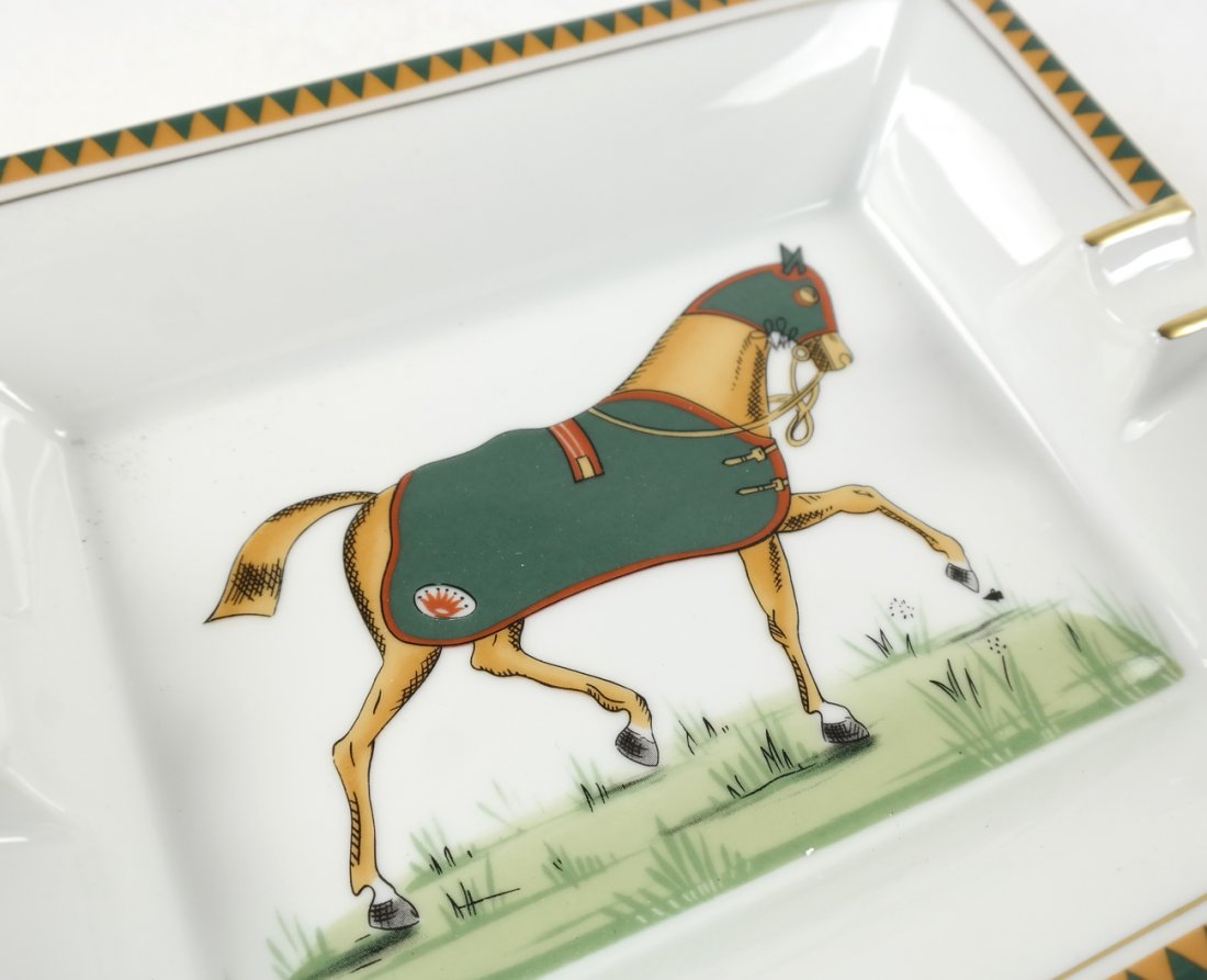 Herms, Paris - Racehorse Ashtray: Herms, Paris porcelain ashtray marked "Made in France". [7 1/2" x 6 1/8" W x 1 1/2" H]. In good condition.