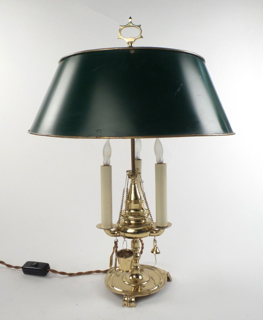 Brass Bouillotte Lamp: Brass bouillotte lamp with green tole shade. Electrified. [20" H]. Imperfections.