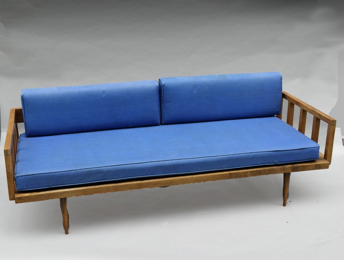 Modern Maple Sofa: Modern maple sofa with blue upholstery and tapered peg legs. [76 1/2" W x 30" D x 22" H]. Upholstery soiled, otherwise in overall good condition.