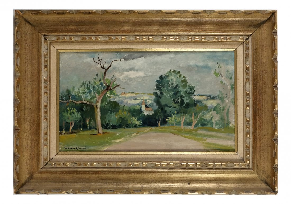 French Impressionist Landscape: Oil on canvas depicting a rural landscape with overcast sky and distant church. Signed bottom left illegibly. Verso inscribed on top stretcher bar "Paysage au Suisse..." [Art: 10 1/8" x 17 5/8"; Frame
