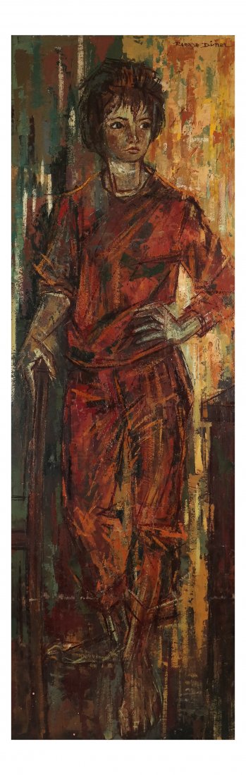 Pierre Diner, Portrait of a Young Lady: Semi-abstract modernist depiction of a young woman in a standing full-length pose with proper left hand on her hip. Signed top right "Pierre Diner". [Art: 49 1/4" x 15 3/4"; Frame: 51" x 17 3/4"]. Lig