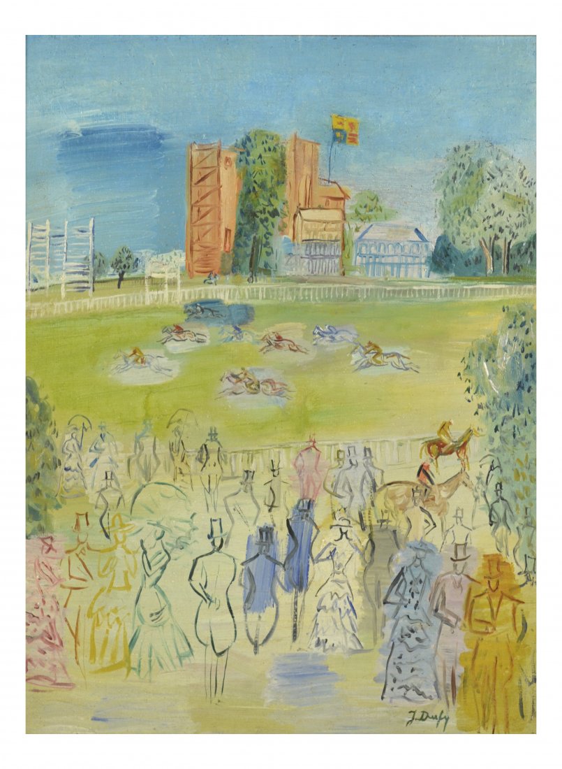 Manner of Jean Dufy, Oil on Canvas: "Les Courses". Framed oil on canvas. [Sight: 20 1/2" x 16 1/2"; Frame: 28" x 24"]. Possibly by de Hory. Signed lower right, "J. Dufy". Provenance: Galerie de Cannes, Cannes; Purchased at Parke-Bernet 