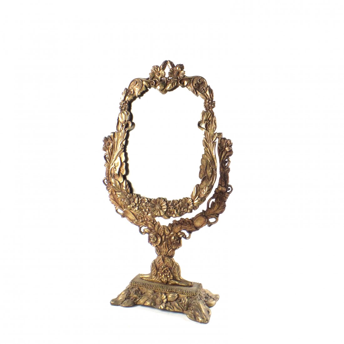 Metal Gilt Table Mirror: Metal-gilt table mirror. [9 1/2" W x 3 1/2" D x 17" H]. Good condition.