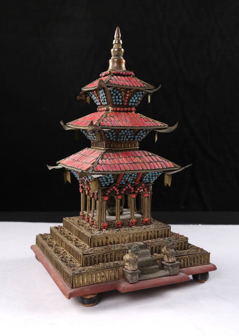 Brass Decorated Sectional Pagoda: A filigree stone decorated pagoda, with the two top sectionals removable. [6 1/4" x 6 1/4" x 12" H]. Fair to good condition, some losses.
