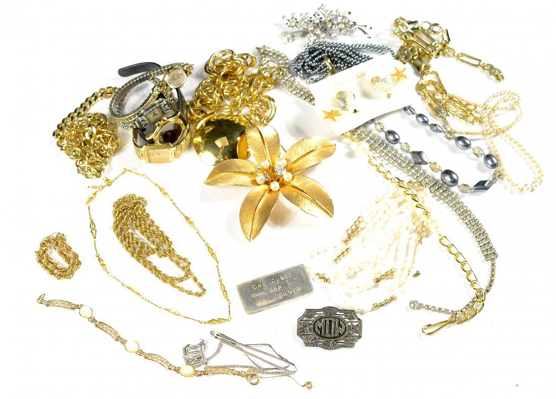 Vintage Designer Costume Jewelry: Features stylish examples by Trifari, Napier, Kramer, and others. Includes ladies' Bulova, Monado, and Helbros wrist watches. Comprises earrings, necklaces, brooches, pins, and more. Accompanied by mu