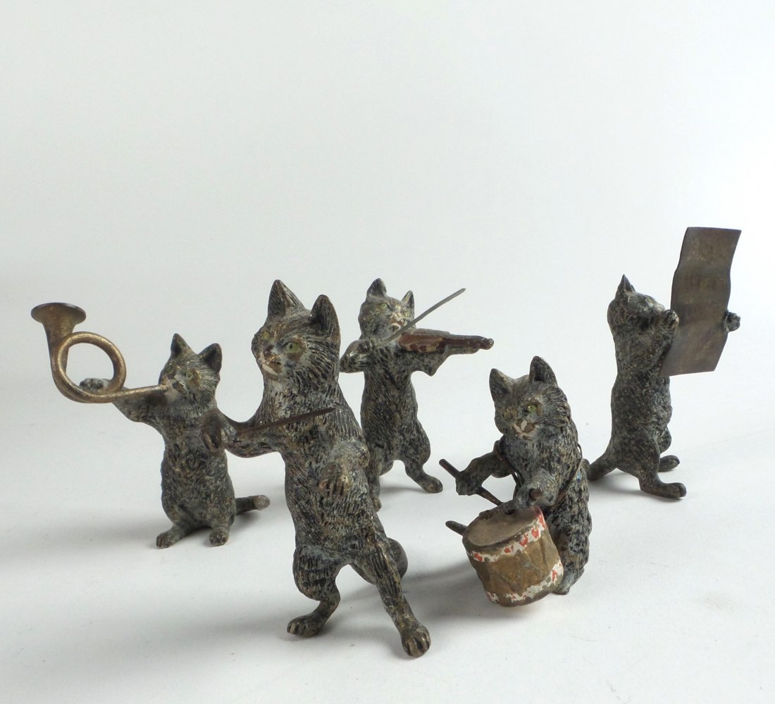 "Shakespearean Stage's" Geschutzt cat figures: Shakespearean stage with electrified, painted wood and painted Austrian Geschutzt bronze cats with musical instruments, along with a piano, with a cat and dog. [16 1/2" W x 12" D x 16" H; Approx size