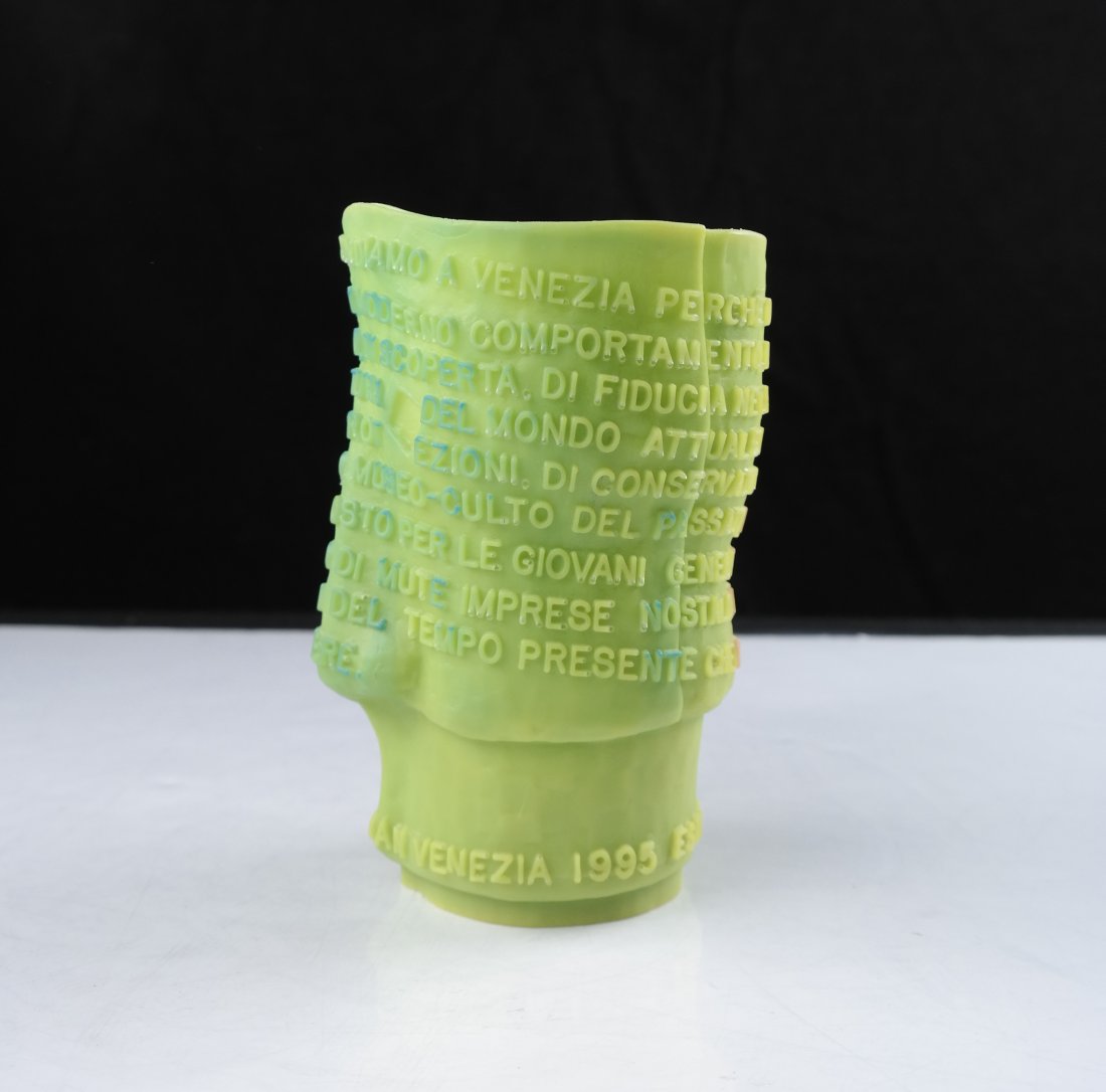 Florian Cafe Tumbler: Pliable moulded green plastic tumbler with all-over raised Italian text. Inscribed around base "Estate Gaetano Pesce Al Florian Venezia 1995" and marked on bottom "Florian/'Temporanea.'" [4 1/2" x 4" 