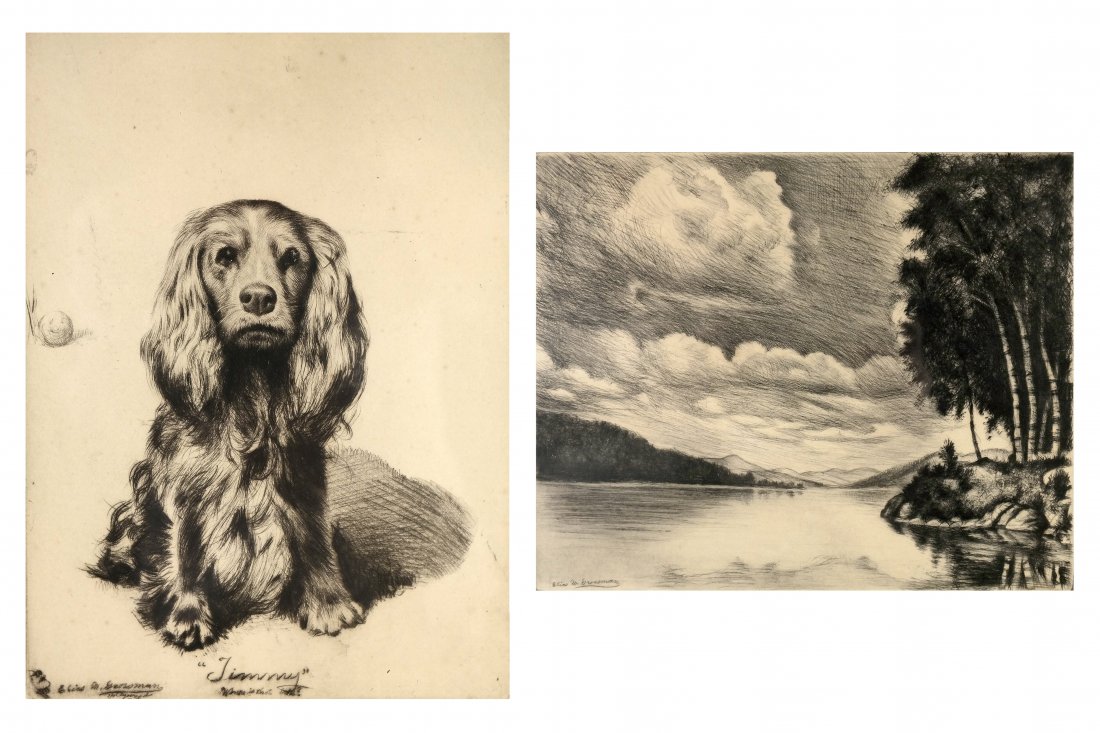 Elias Grossman, Dog & Riverscape Prints: One of a dog, "Jimmy," and the other titled "Approaching Storm," (river landscape). [18 1/2" x 16 1/2"]. One with staining on mat, the other in good condition.