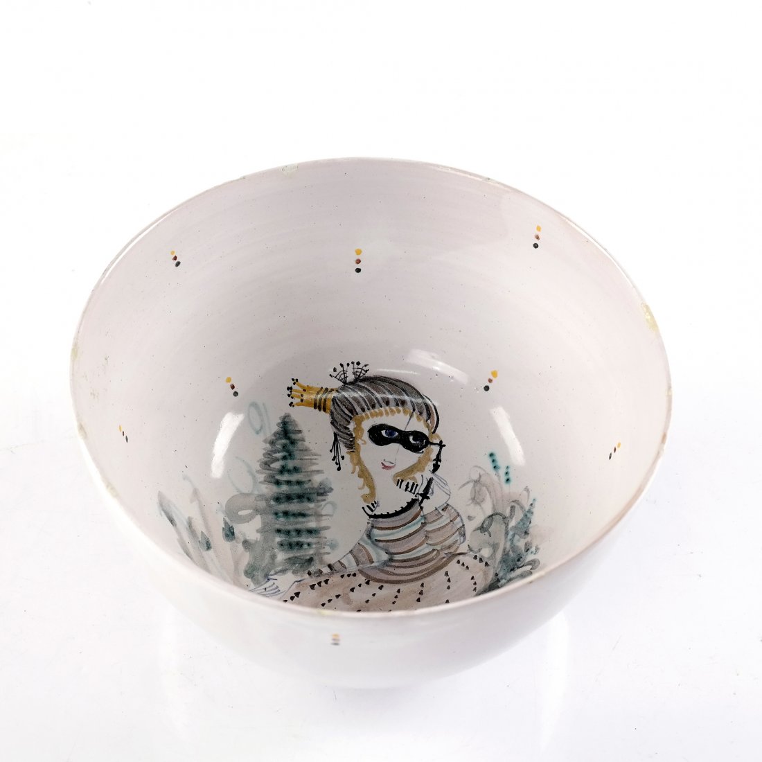 Bjorn Wiinblad Bowl: A decorated deep bowl by Bjorn Wiinblad, Denmark. [8" Dia. x 4 3/4" D]. Approx. 11 chips along top rim, poorly repaired 1 1/2" hairline crack down from rim.