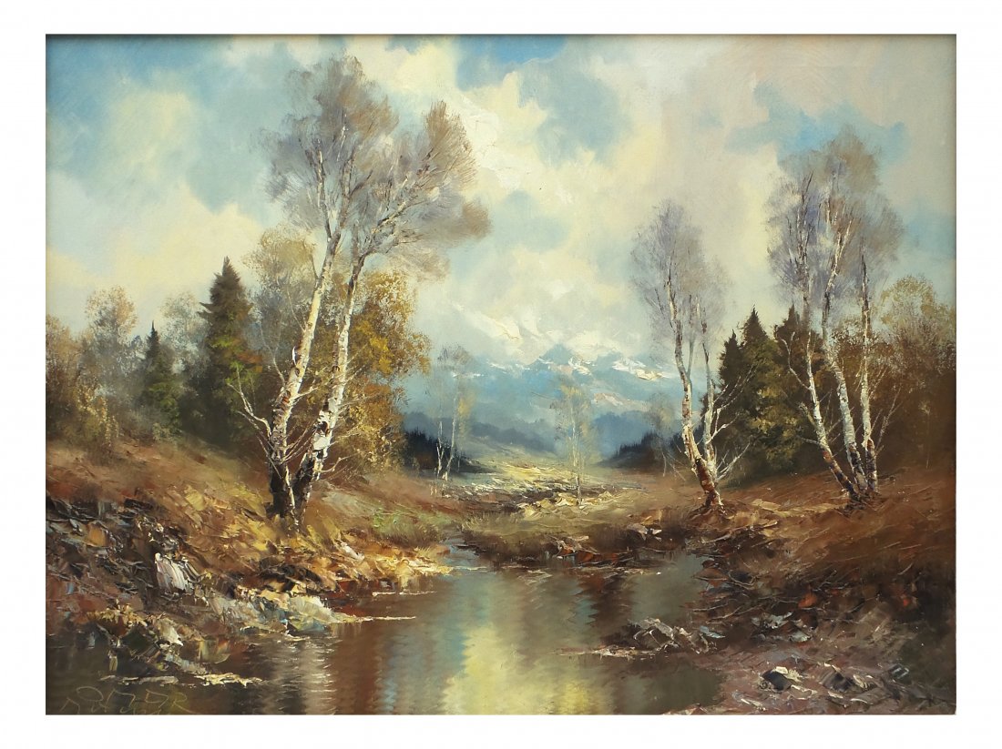 Omar, Mountain Landscape: Omar, mountain landscape. Oil on canvas. Signed lower left. [Art: 23 1/2" x 32"; Frame: 29" x 37"]. Overall good condition, frame "as is".