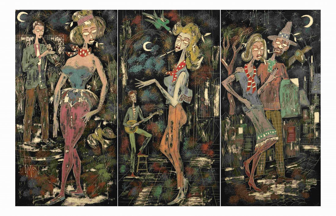 Three Night Life Paintings: Each oil on masonite, two of a woman and musician, the other of two figures. Signed "Simon." [Art: 8" x 15"; Frame: 22" x 14 1/4"]. Craquelure.