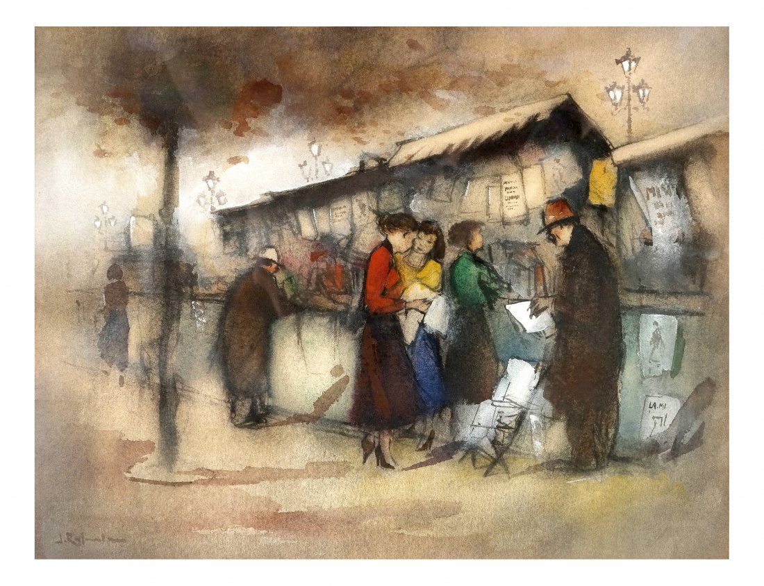 Jan Rijlaarsdam, "Paris Book Stall," M/M: Stylized mid-century depiction of figures at a Parisian book stall under lit street lights. Signed bottom left, "J. Rijlaarsdam." [Art (sight): 11" x 14 3/8"; Matted and framed under glass in a wood f